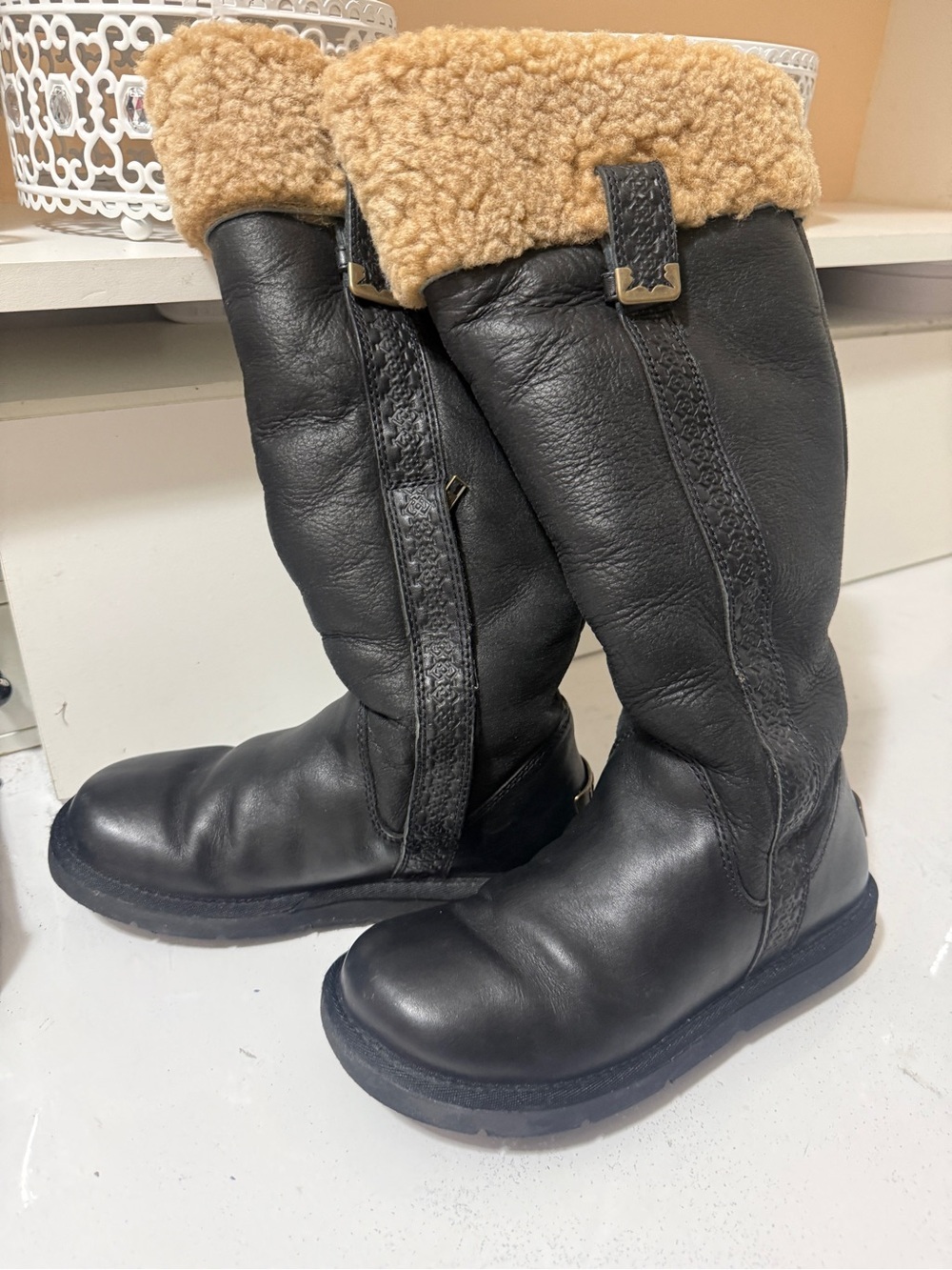 UGG Black Leather Tall Boot with Chestnut Shearling Cuff - Picture 3 of 16